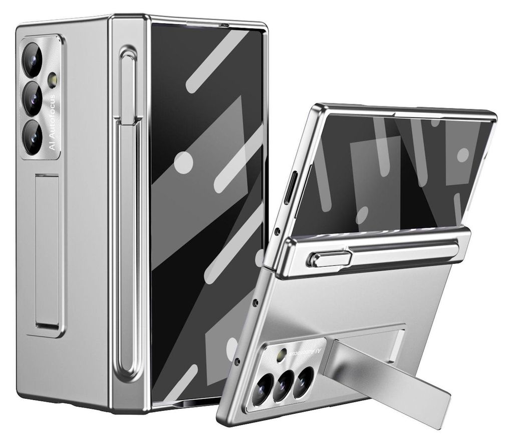 A silver phone case with a geometric pattern on the back, shown in two configurations: closed and open with a kickstand.