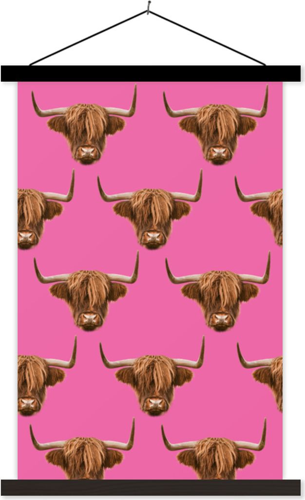 MuchoWow Textilposter Schottisches Hochlandrind - Muster - Rosa 40x60 cm mit schwarzem Rahmen - Wanddekorationen