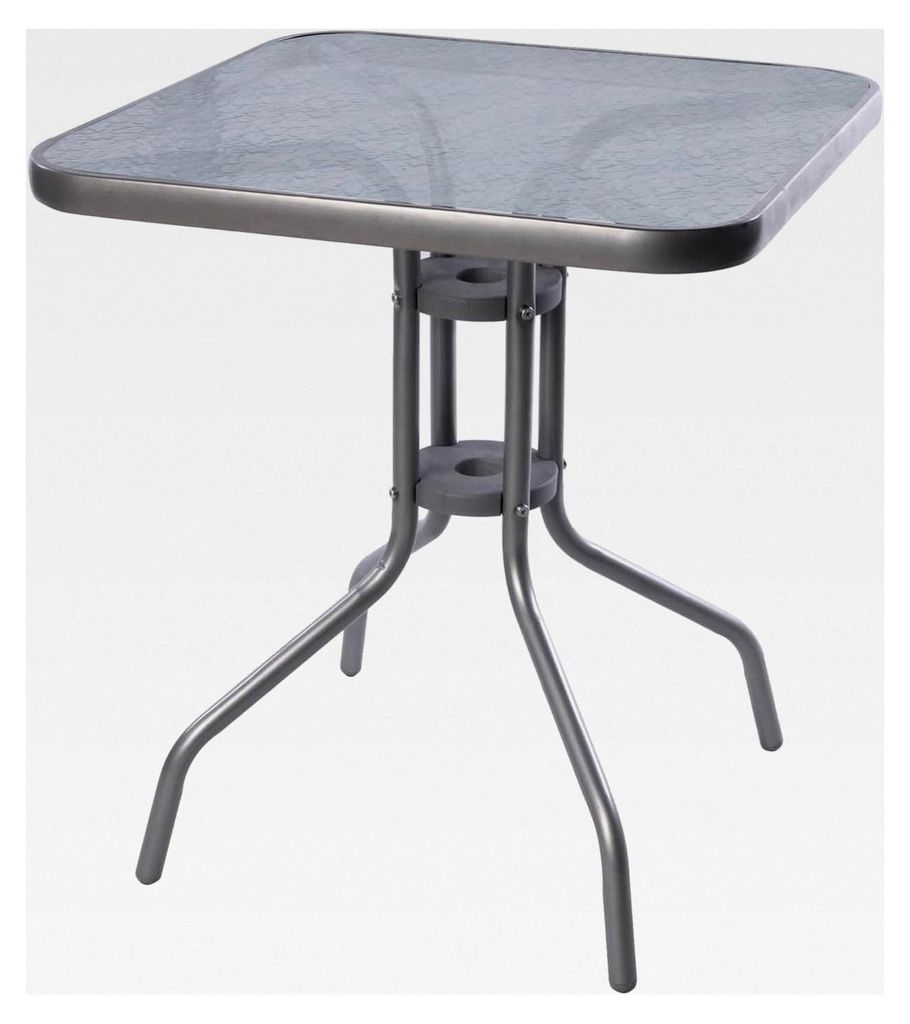 Bistrotisch mit Glasplatte und pulverbeschichtetem Metallgestell, eckig, 60x60x70 cm, silberfarben