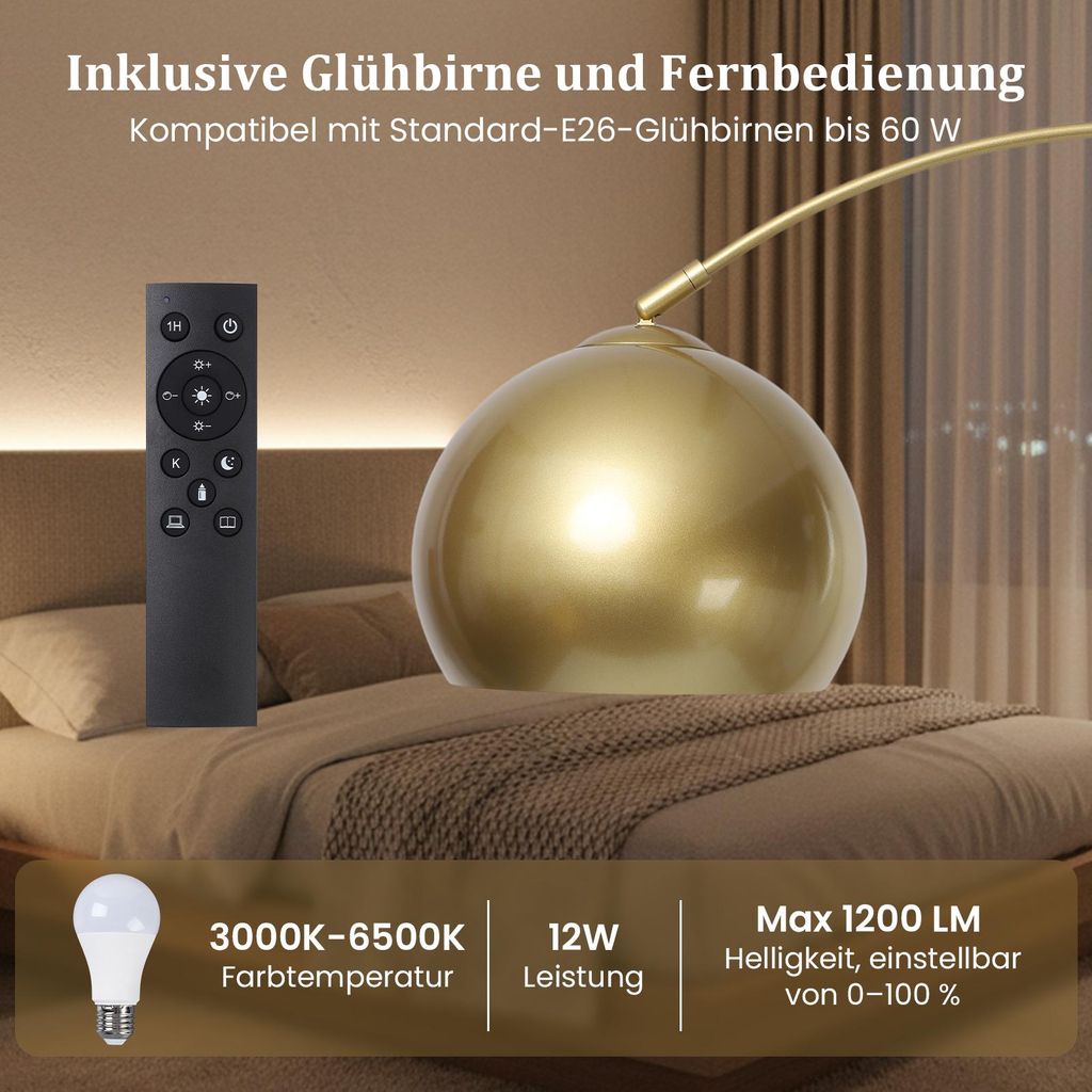 Lampada Da Terra A Arco Dorata Per Soggiorno Con Telecomando E Dimmer – 177cm, Paralume Regolabile 360°, Luce LED Inclusa