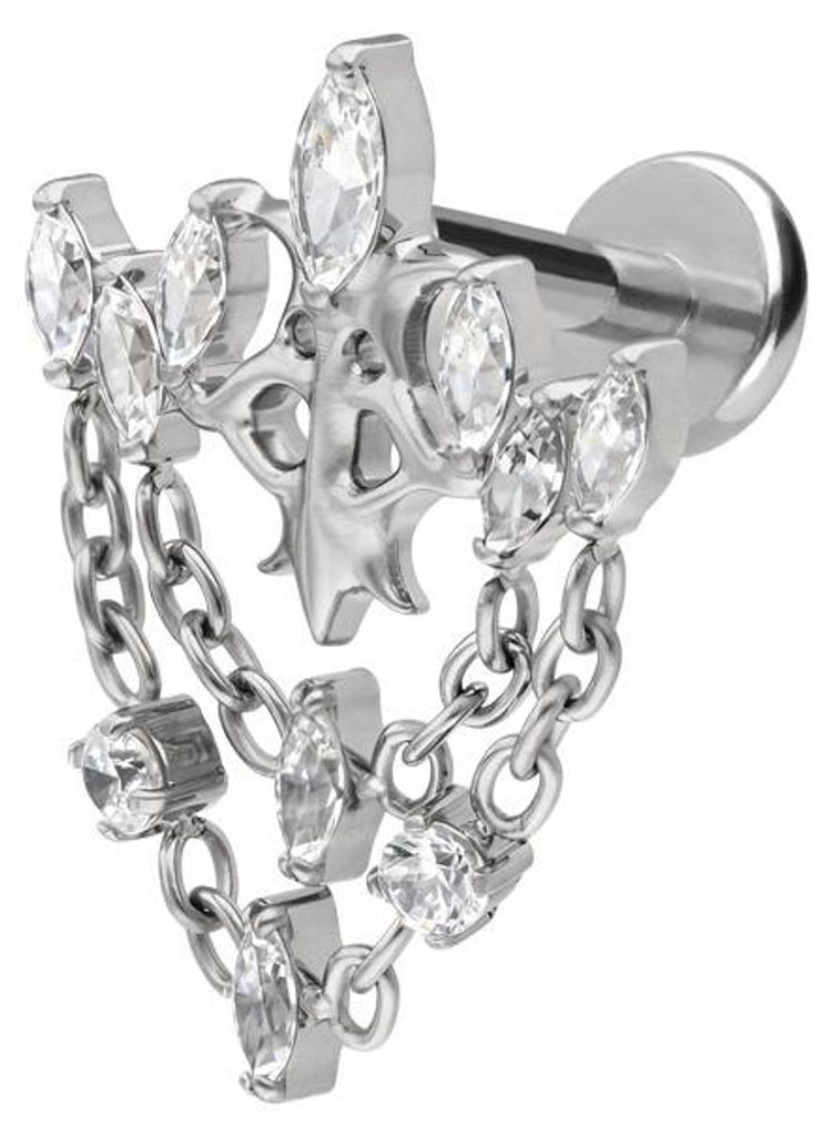 Ohrpiercing, Nasenpiercing Titan Labret mit Push Fit GOTISCHE KRONE + KETTEN Silber Stablänge: 7mm | Stabstärke: 1,2mm