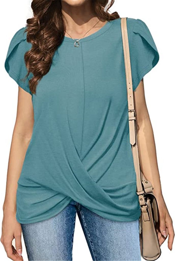 ASKSA Damen T-Shirt Rundhals Kurzarm Blütenblatt Ärmel Shirts Lose Sommer Twist Knoten-Tuniken Blusen Tops, Blau, M