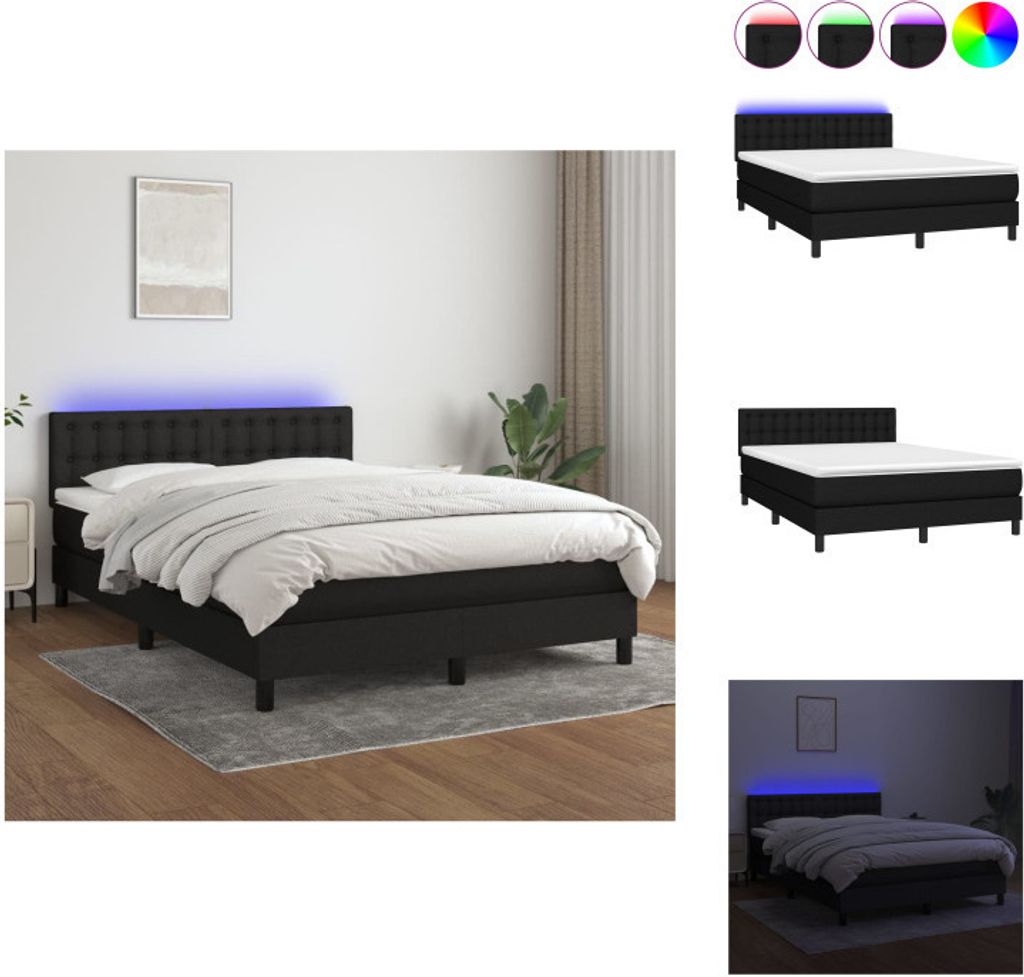 vidaXL Boxspringbett mit Matratze & LED Schwarz 140x190 cm Stoff - Betten & Bettgestelle