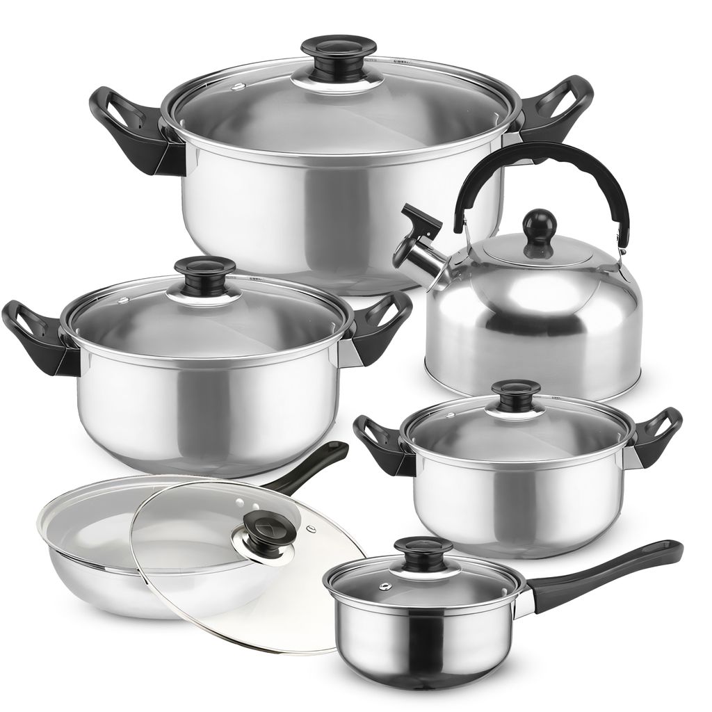 Topfset, Pfannenset mi Flötenkessel, 12-teilig | Kochtopfset | Kochtöpfe | Töpfe mit Glasdeckel | Silber, Edelstahl | Retoo