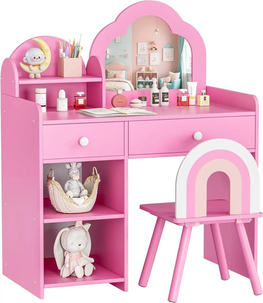 Kinder Schminktisch Set - Wolkenförmiger Frisiertisch mit Spiegel - Mit Hocker - 2 Schubladen und Schrank - MDF Holz 73,5x40x90,5 cm - Rosa
