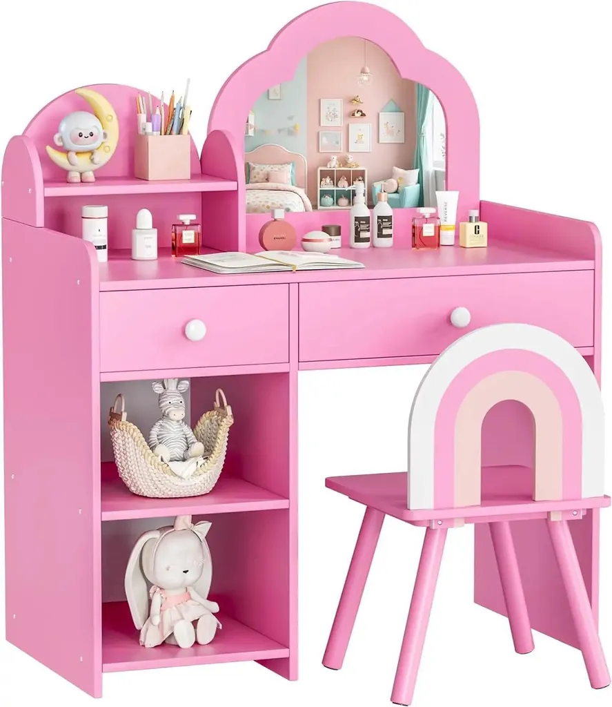 Coiffeuse de chambre enfant rouge - Espace maquillage bois miroir nuage