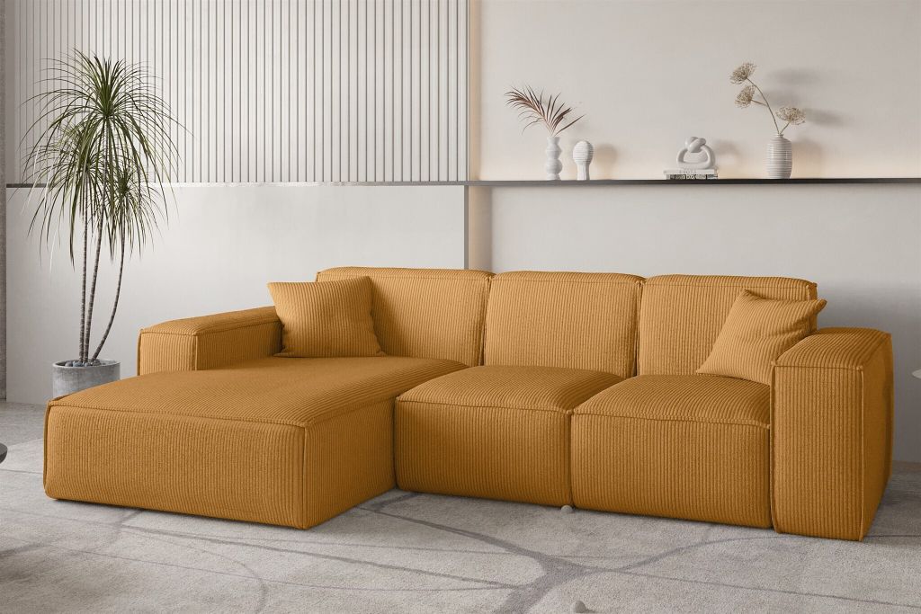 Ecksofa Designersofa CELES PREMIUM in Stoff Scala Senfgelb Ottomane Links