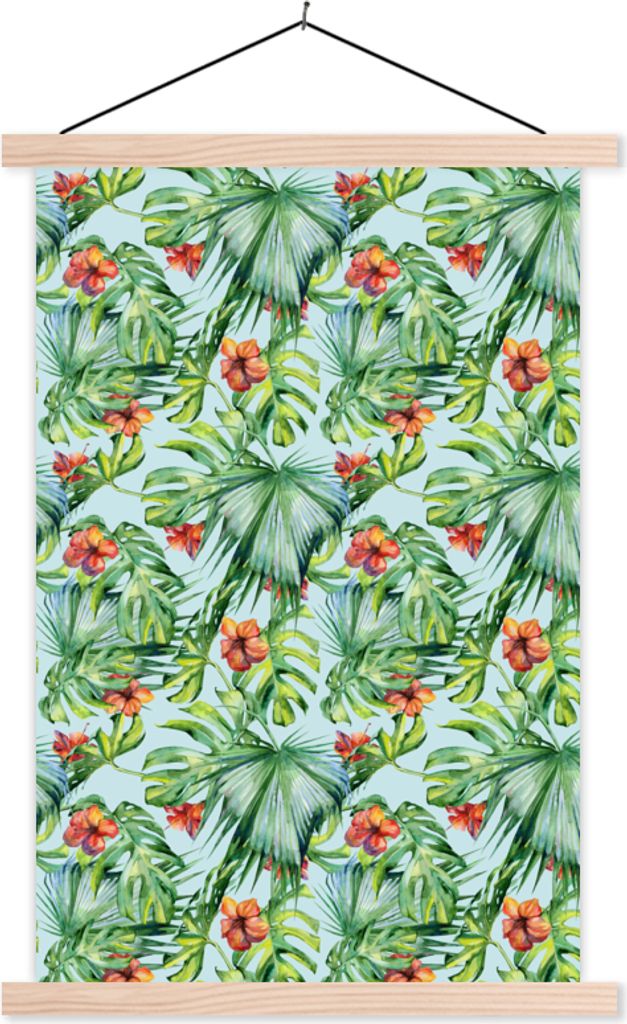 MuchoWow Textilposter Blumen - Muster - Monstera 60x90 cm mit holzfarbenen Rahmen - Textil