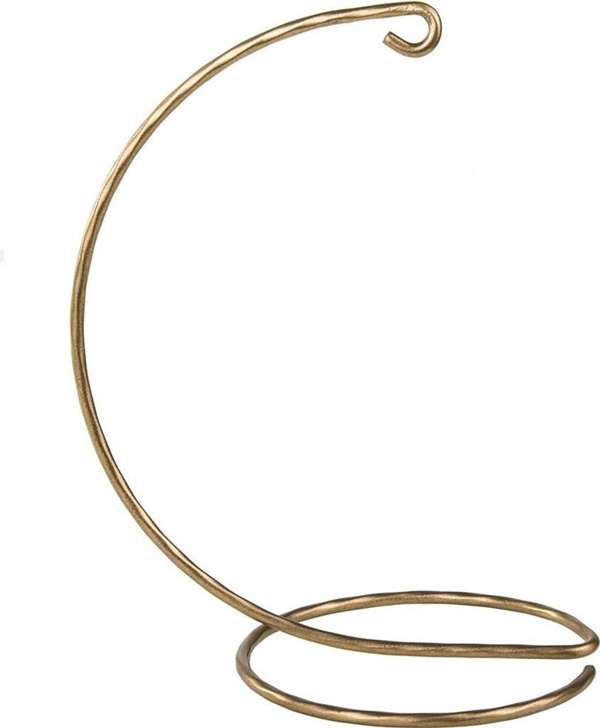 A gold-colored metal stand for hanging ornaments.