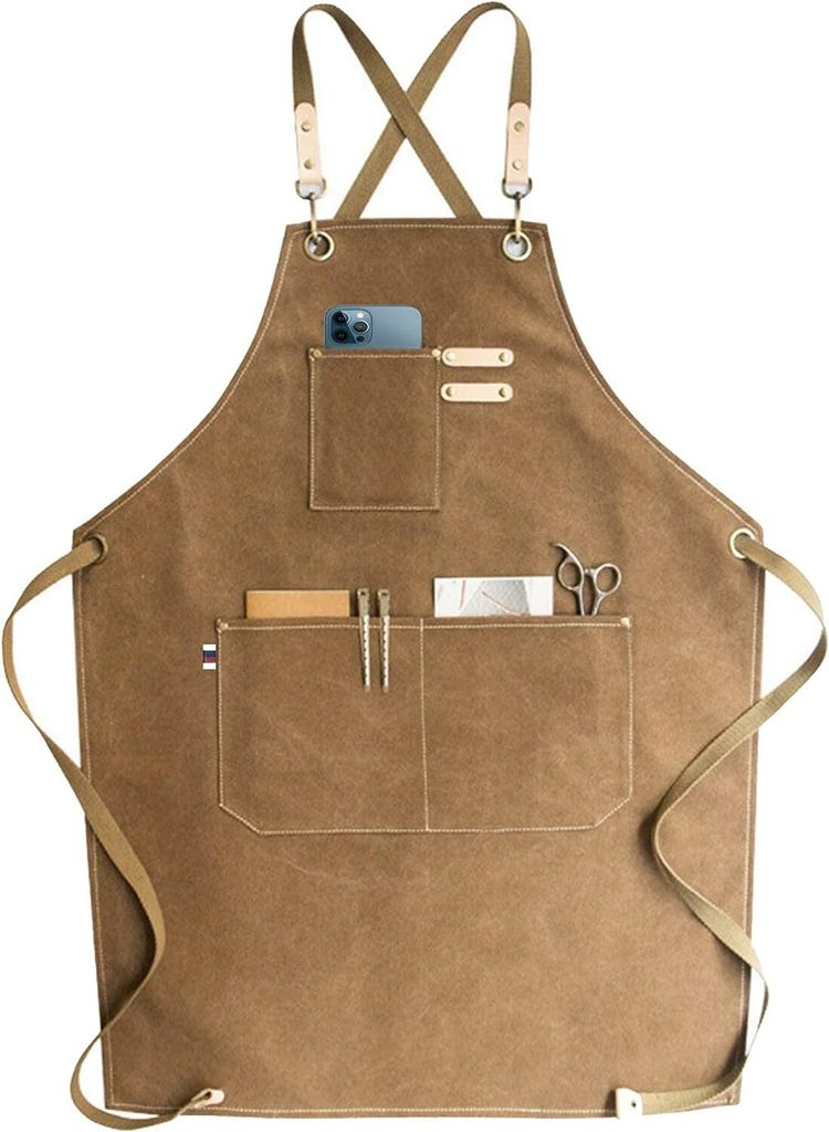 Canvas Schürze Herren Damen - Denim Kochschürze mit Taschen - Grillschürze für Männer und Frauen - Lange Schürzen für Kochen arbeits Backen-...