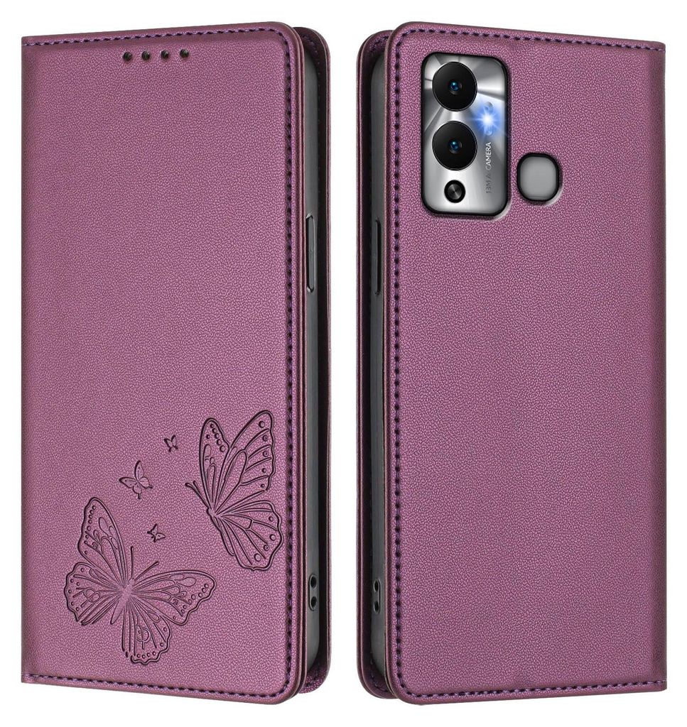 Lederhülle für Infinix Hot 12 Play, Schmetterling Prägung Leder Brieftasche Schutzhülle mit Ständer Lila