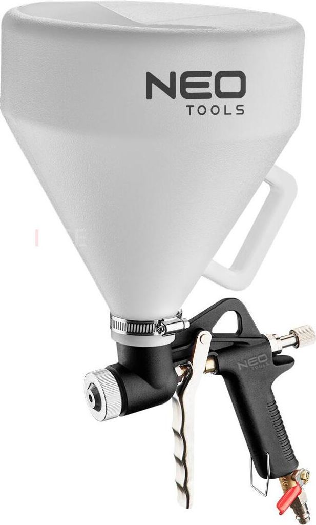 A white hopper gun with a black handle and nozzle, set against a white background.