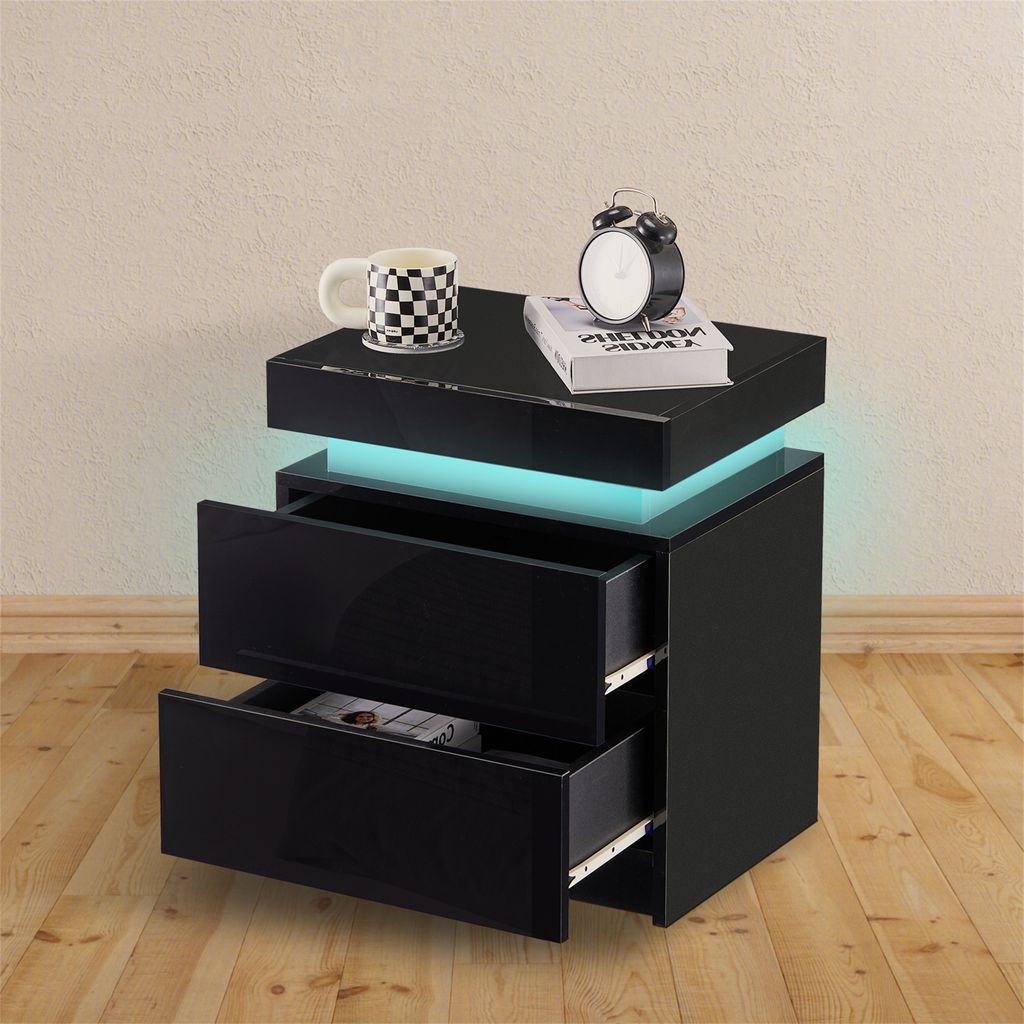 Nachttisch Schwarz Mit LED Beleuchtung | 16 Farben, 2 Schubladen, Hochglanz | 45x35x52 Cm, Belastbar Bis 40 Kg