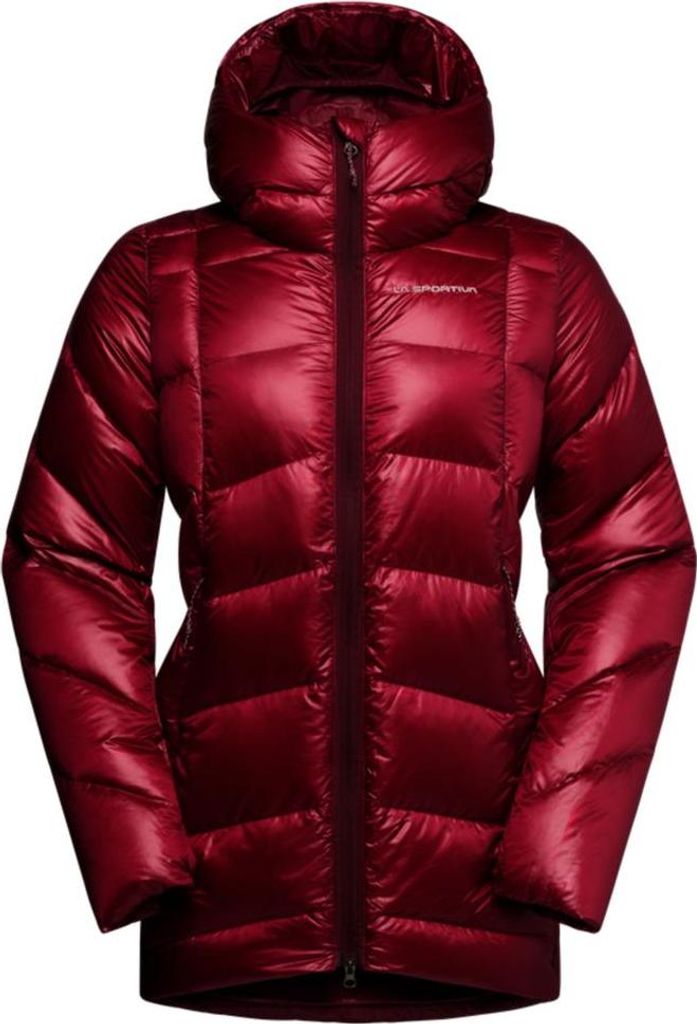 Dunkelrote Daunenjacke mit Kapuze und durchgehendem Reißverschluss von La Sportiva