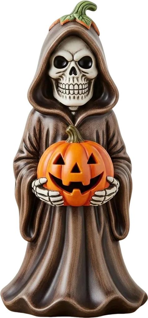 Halloween Schädel Kürbis Figurine Harz Skelett Halten Kürbis Statue Spooky Tabletop Ornamente für Indoor Home Decor