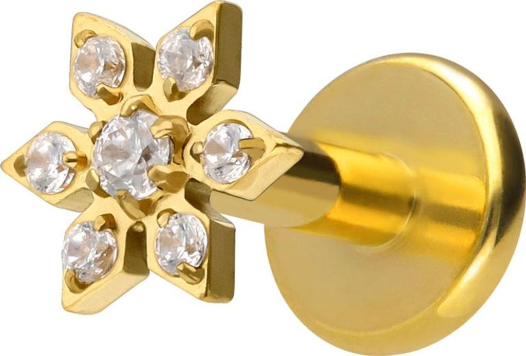 Ohrpiercing, Nasenpiercing Titan Labret mit Innengewinde KRISTALLBLUME Gold Stablänge: 5mm | Stabstärke: 1,2mm