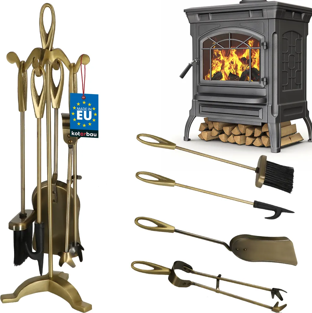 Set de Nettoyage Cheminée 4 Pièces Style Ancien en Fer Forge Noir Mat