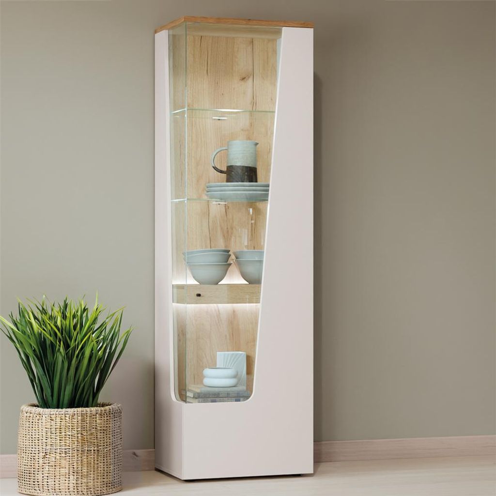 Wohnzimmer Vitrine mit 60 cm Breite in Kaschmir und Eiche, 1 Tür mit Türanschlag rechts - CARMONA-129