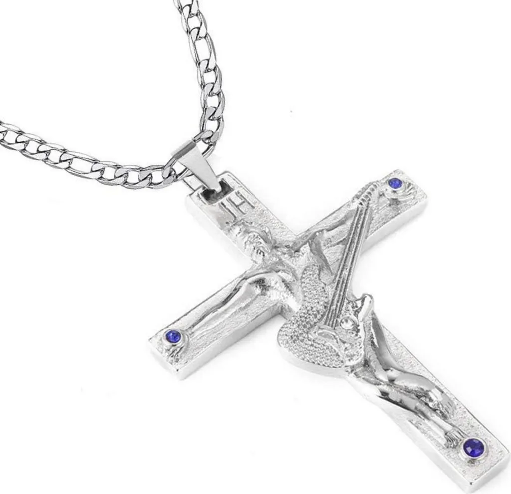 Collana Uomo Johnny Hallyday - Croce Chitarra Argento Rocker 60cm