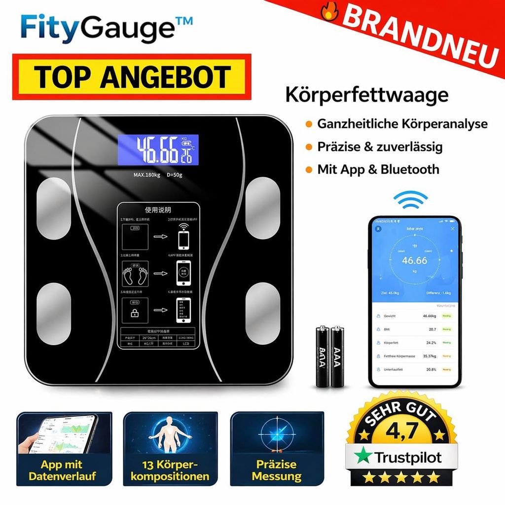 FityGauge Körperfettwaage Personenwaage Körperanalyse Digital Bluetooth mit APP