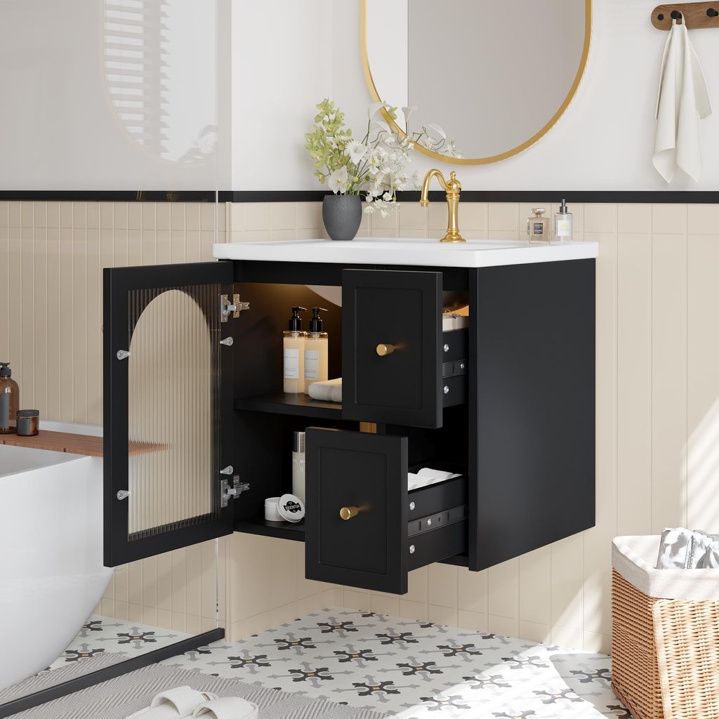 okwish Wandmontierter Badschrank mit Keramikbecken, LED-Beleuchtung, geriffeltem Glastür & Metallgriffen, Badmöbel Waschbeckenunterschrank mit So...