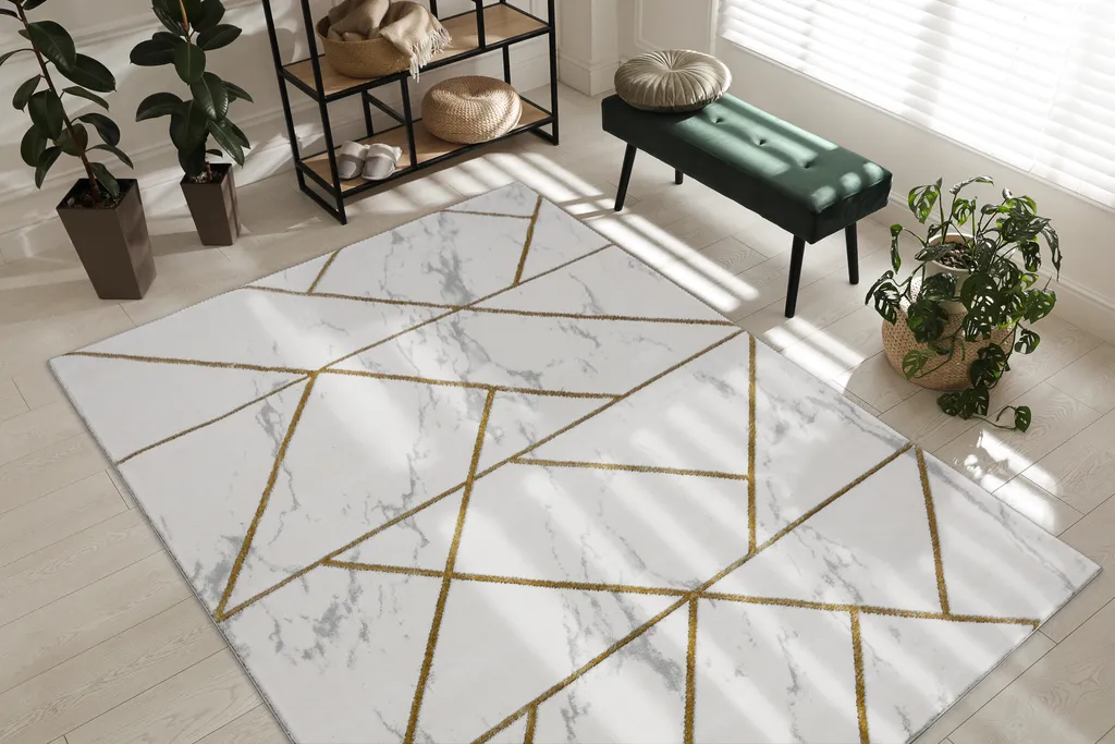 Tapis Géométrique Élégant Effet Marbre Doré EMERALD Haute Qualité