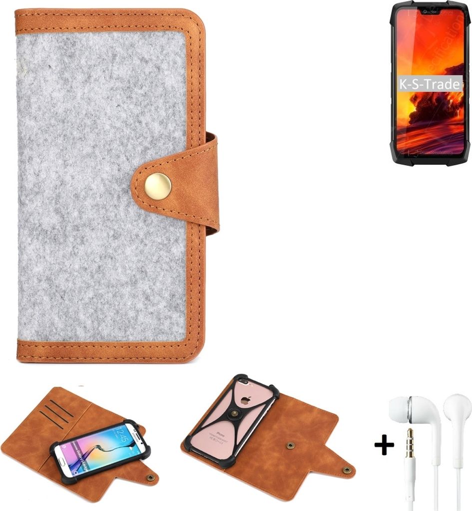K-S-Trade Handyhülle + Kopfhörer kompatibel mit Blackview BV9700 Pro Schutzhülle Filz Hülle Kunstleder hellgrau braun (1x)