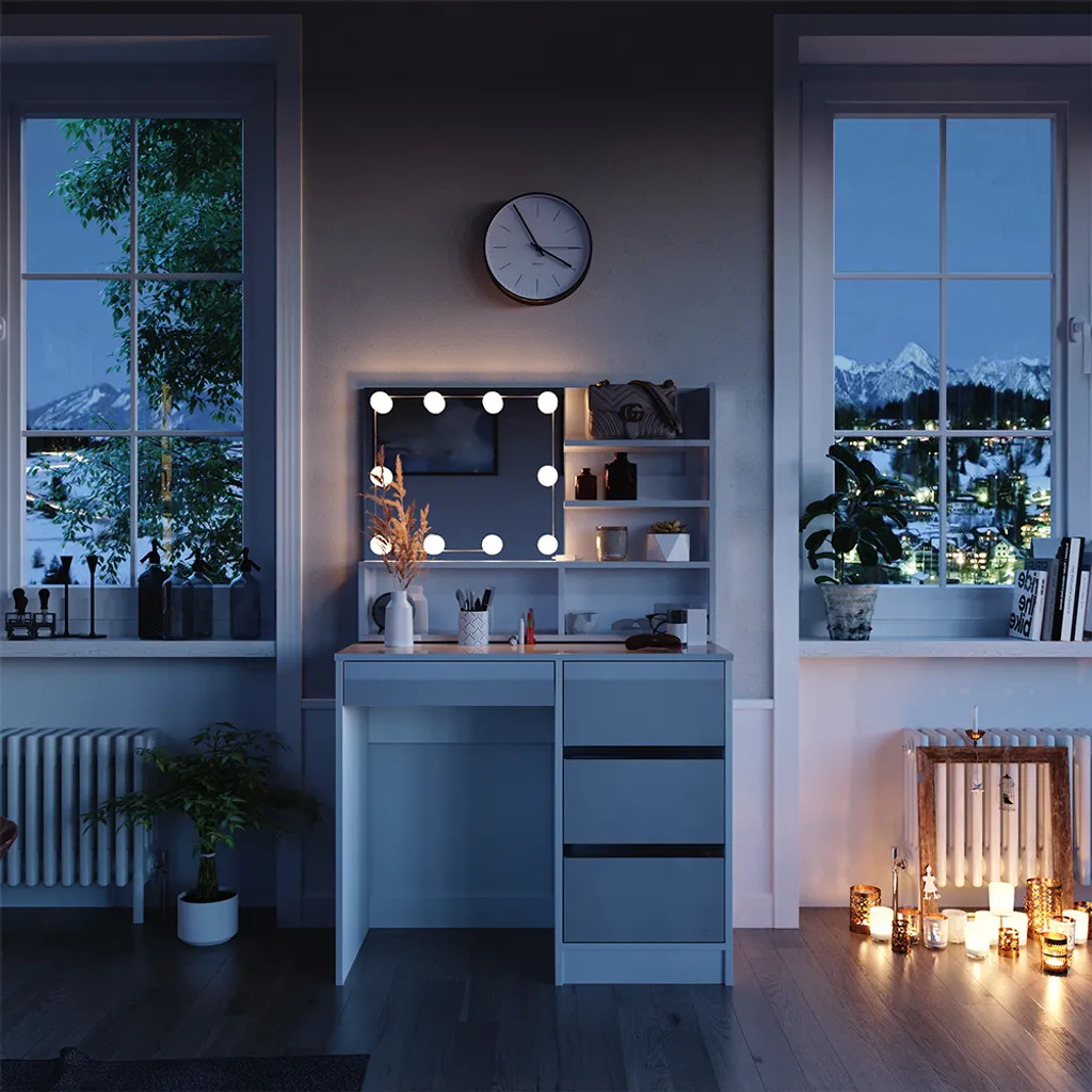 Coiffeuse avec miroir et éclairage LED intégré Vicco Sherry 90cm design chic