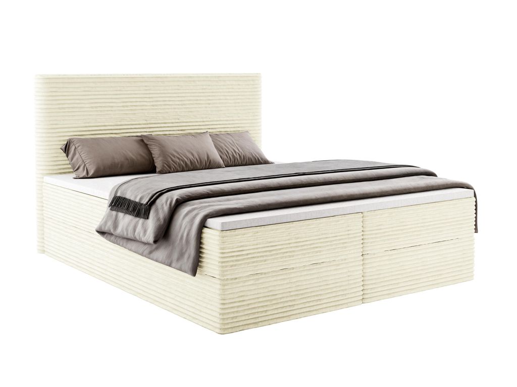 Boxspringbett RAVENO 200x200 cm mit Bettkasten inkl. Bonell-Federkernmatratze H3 und Topper – Stoff Tilia Creme (CORD)