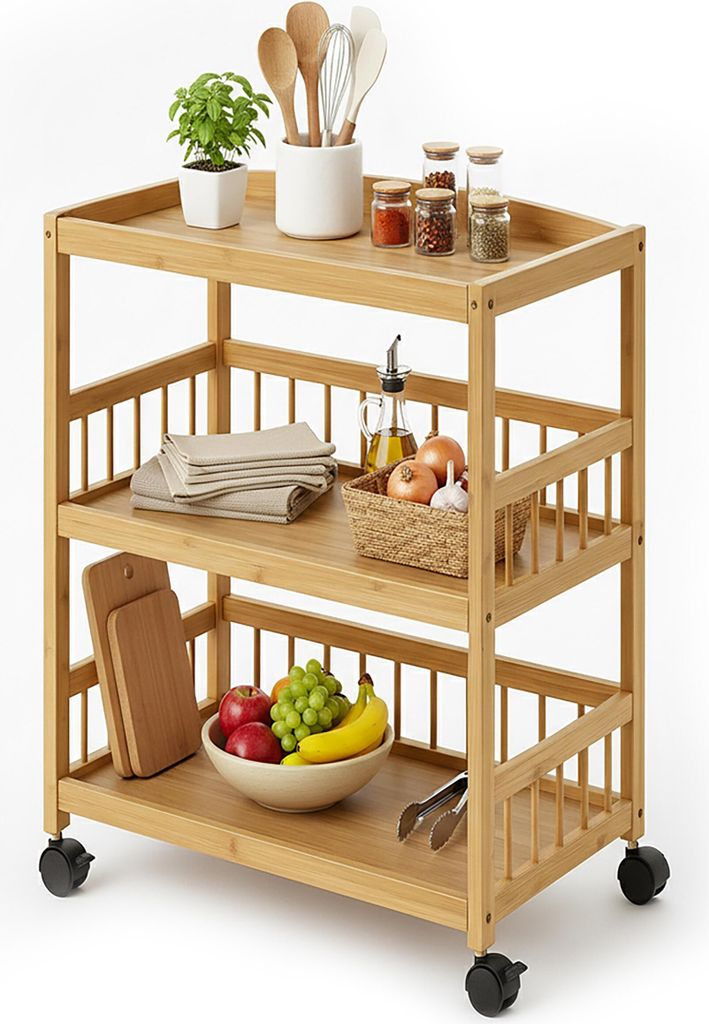 Carrello da cucina Relaxdays, in bambù, 3 ripiani, per Immagine del prodotto 