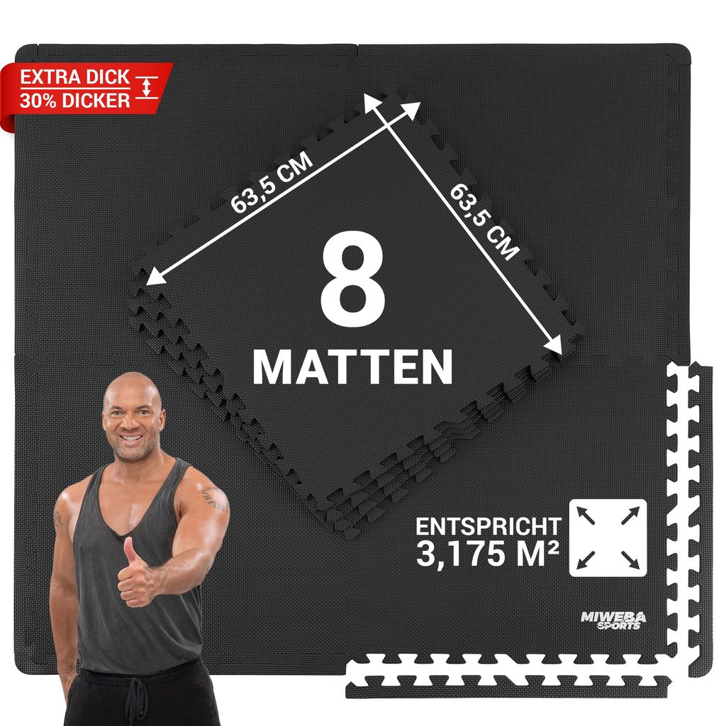 A man is giving a thumbs up next to a stack of black interlocking mats, with dimensions and area information displayed.