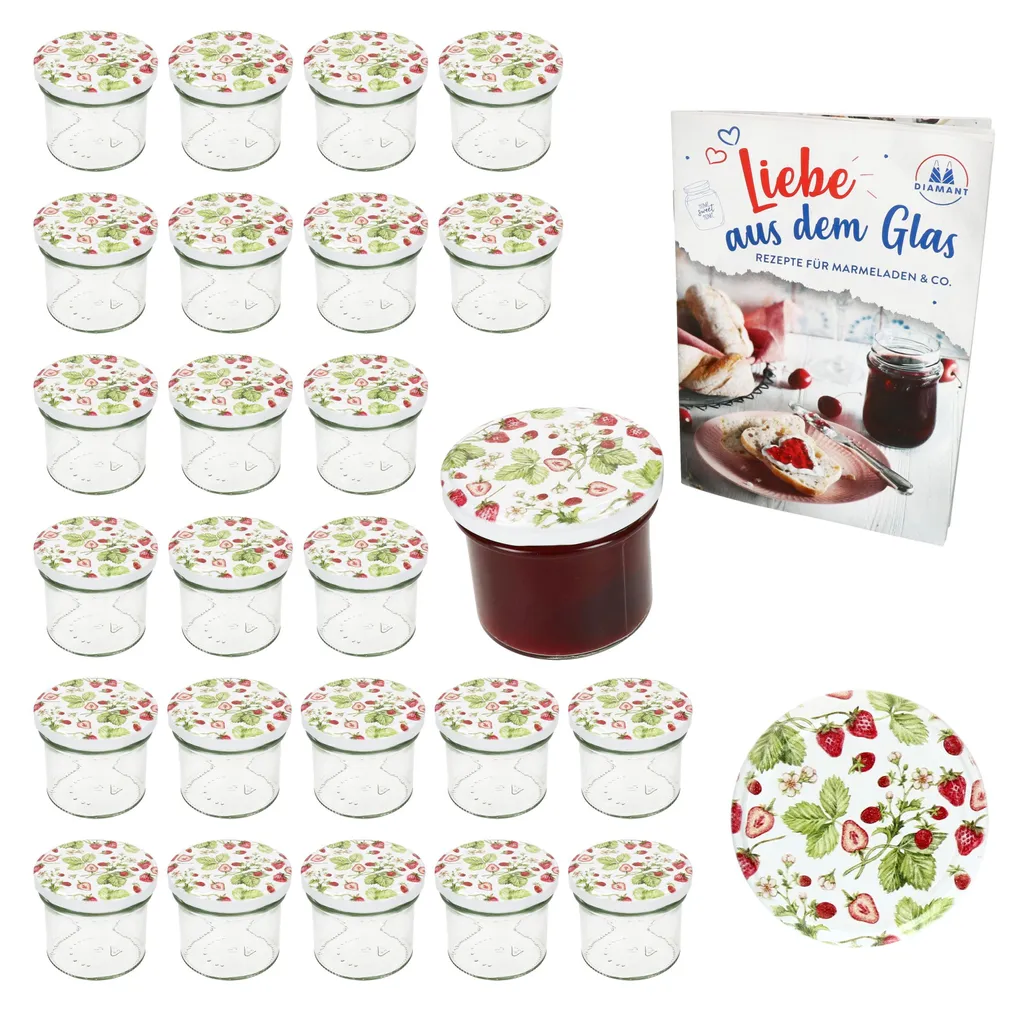 set di 25 tumbler 125ml vaso da conserva TO66 foresta fragola coperchio zucchero diamante ricetta