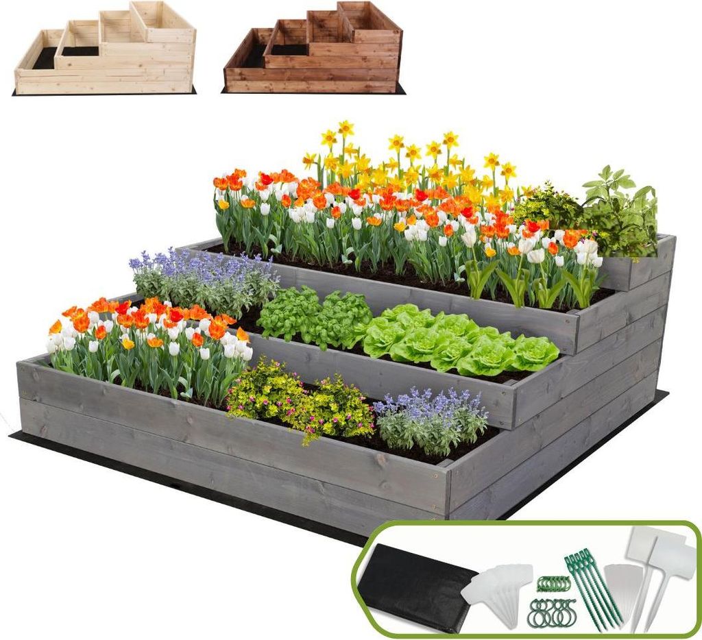 MODO24 Hochbeet Holz, Pflanzkasten, Massivholz, Kiefer, Kräuterbeet, Blumenkasten, Garten, Terrasse, 45x117x120 cm, Grau, ZP07