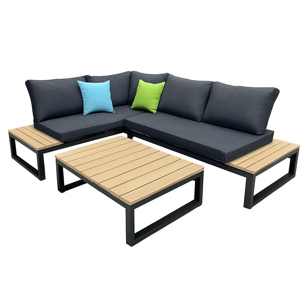 greemotion Gartenlounge-Set Riola Lounge-Set Braun-Holz / Schwarz inkl. Auflagen & Tisch