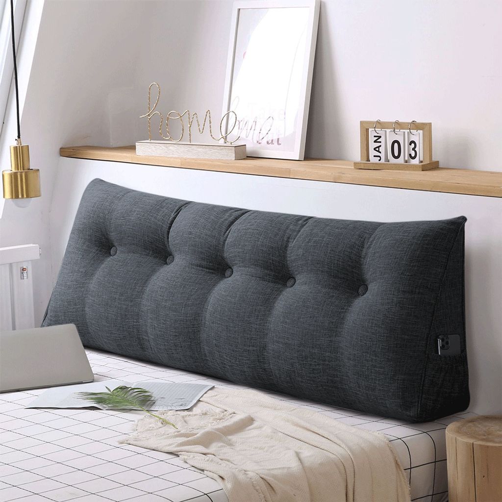 160cm Keilkissen Bett Großes Rückenkissen Bett Lesekissen für Bett und Sofa,Bettkissen Wandkissen Bett Lendenkissen mit Seitentaschen Grau (Leinen)