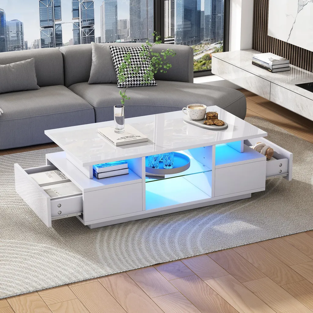Merax Tavolino lucido con 2 cassetti e illuminazione a LED, tavolino da salotto con ripiani in vetro, tavolino multifunzionale in MDF, bianco