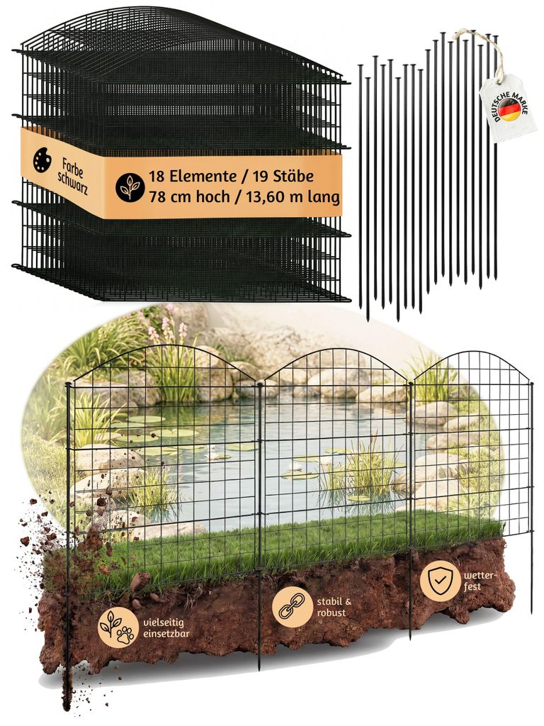 Zaun Gartenzaun Steckzaun Teichzaun für Garten Teich 18 Zaunelemente 78 cm hoch Metall Hundezaun Gitterzaun Oberbogen Schwarz V2Aox 6 x 6cm