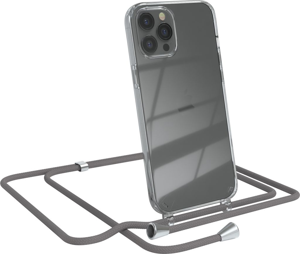 EAZY CASE Handykette kompatibel mit Apple iPhone 12 Pro Max, Handyhülle mit Umhängeband, Handykordel, Schutzhülle Clear, Band in Grau