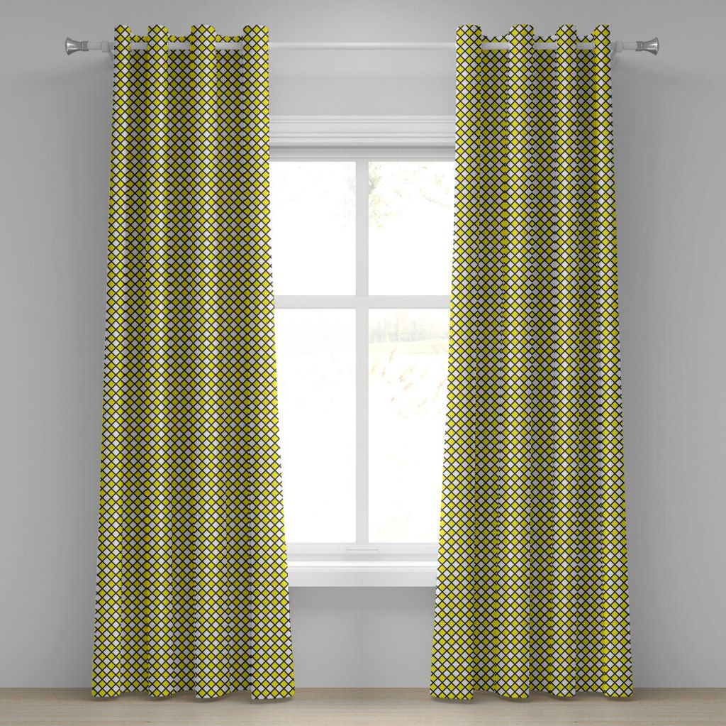 ABAKUHAUS Gelb und Weiß Ösenvorhang, Altmodisches kariertes Muster Schwarze Linien Geometrische Quadrate, Dekorative 2-Panel-Fenstervorhänge, 28...