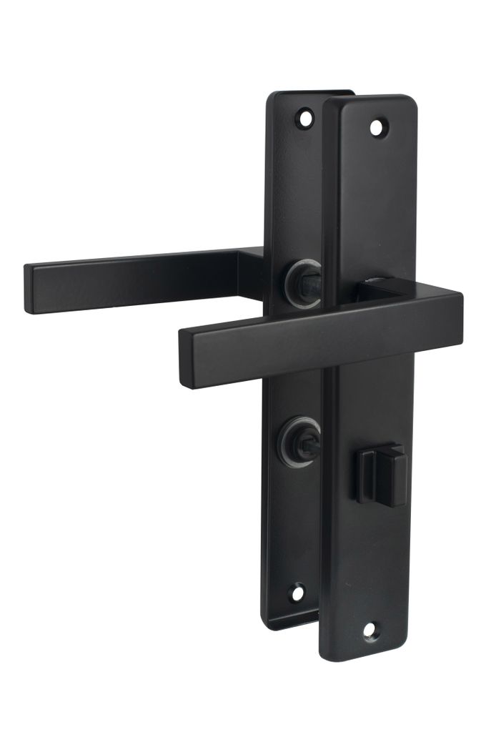 A black door handle set against a white background.