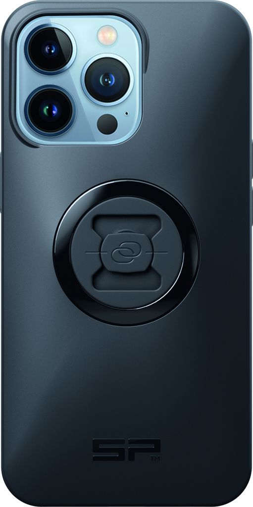 A black phone case with a camera module and a mounting system on the back.