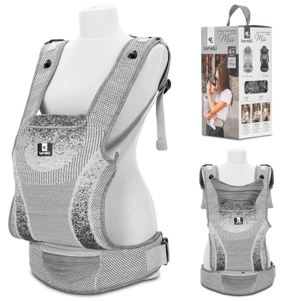 Lorelli Mia ergonomische Babytrage 4-36 Monate bis 15 kg Kindertrage mit Kapuze 3 Tragepositionen verstellbar