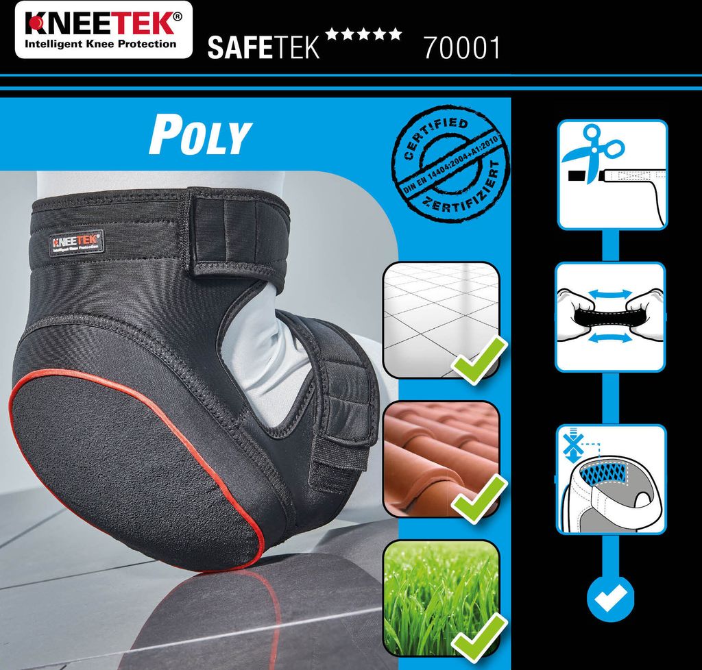 A knee protector is shown on a dark reflective surface, with various icons and text indicating its features and certifications.