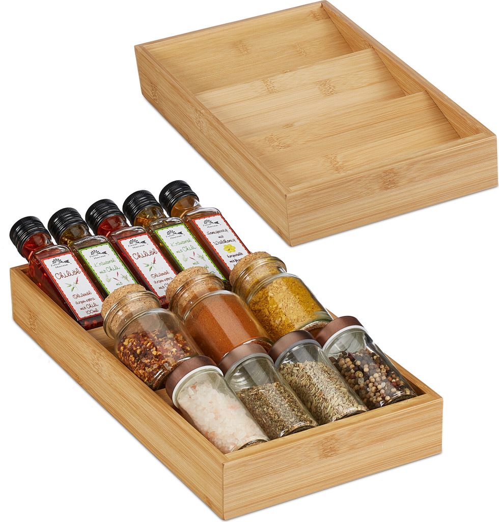 Relaxdays Gewürzregal für Schublade 2er Set, 3 Fächer, HBT: 5x20x38 cm, liegend, Bambus, Gewürz Schubladeneinsatz, natur