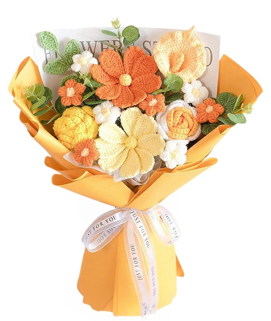 Handgehäkelter Kunstblumenstrauß aus weichem Baumwollgarn, pflegeleicht, mit flexiblen Stielen, künstliche Rosen, Hochzeitsdekoration