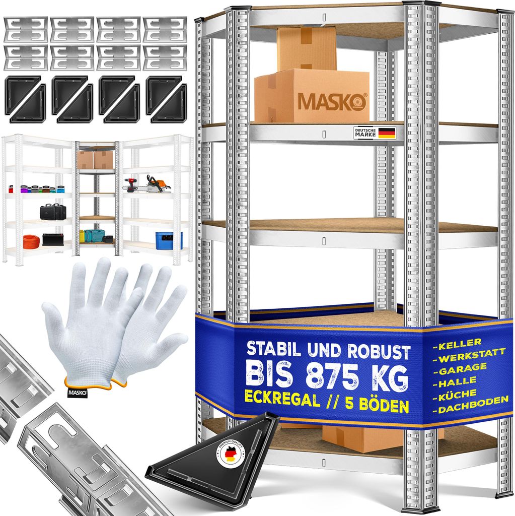 MASKO Eckregal Lagerregal Schwerlastregal, Kellerregal, 180x75x40cm , bis 875 kg, 5 verstellbare Ablagen, MDF-Platten Regal aus Metall, Steckrega...