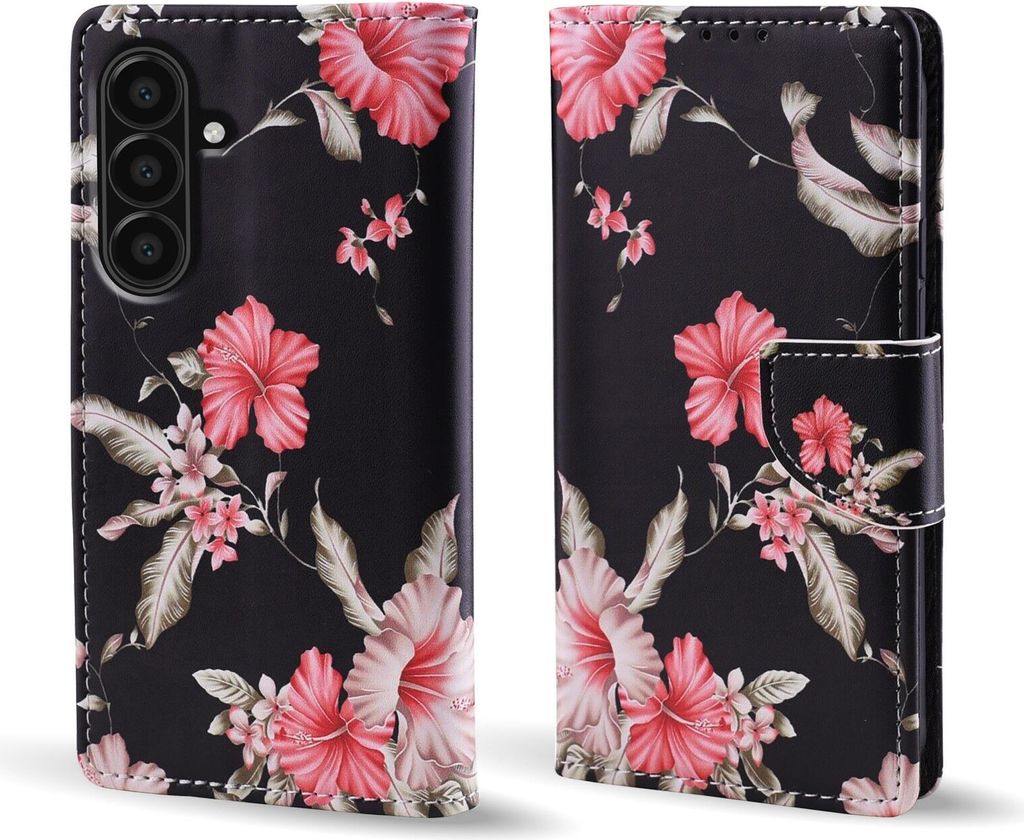 Handy Hülle für Samsung Galaxy A17 / A17 5G Klapphülle Bookcase Flip Cover Handy Tasche Etui Motiv: Blumen Hibiskus Blüten