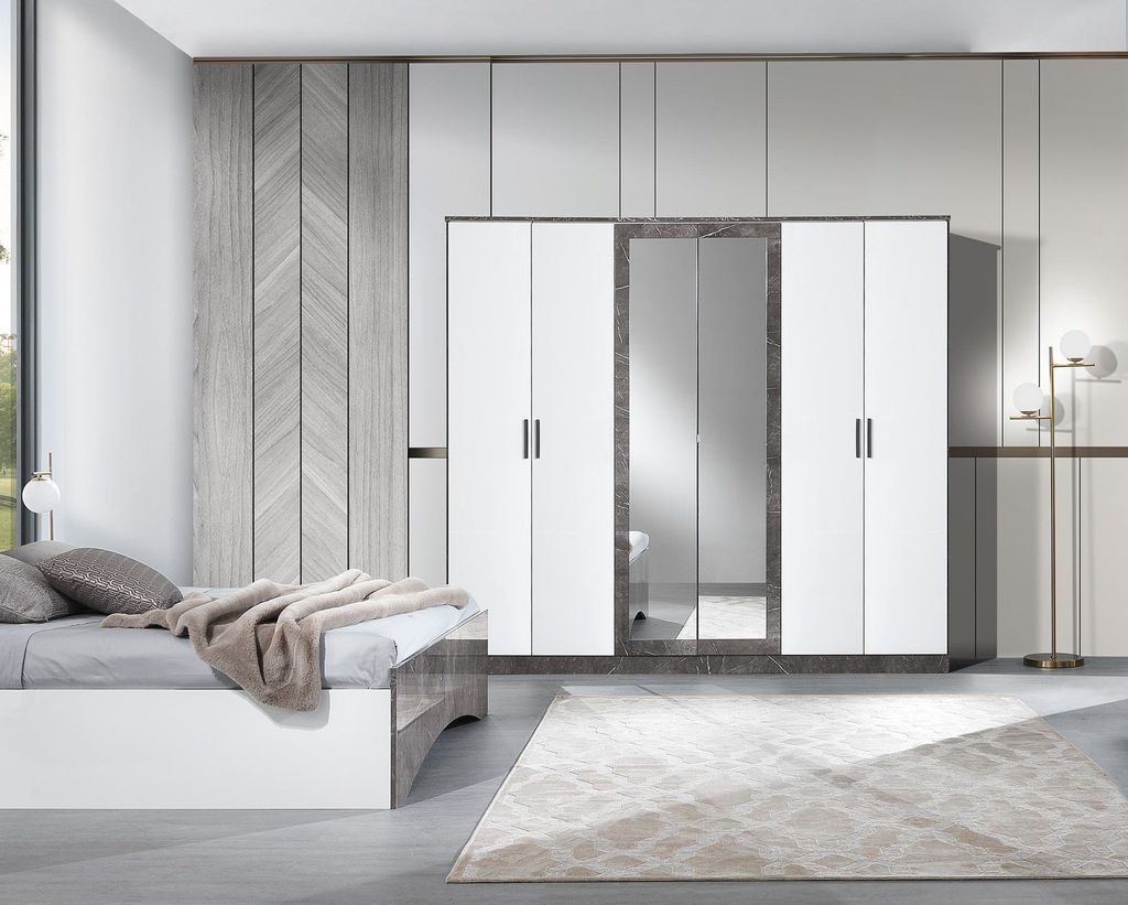Schlafzimmer-Set Iris 6-Teilig in Weiß/Grau Hochglanz 6-Türig