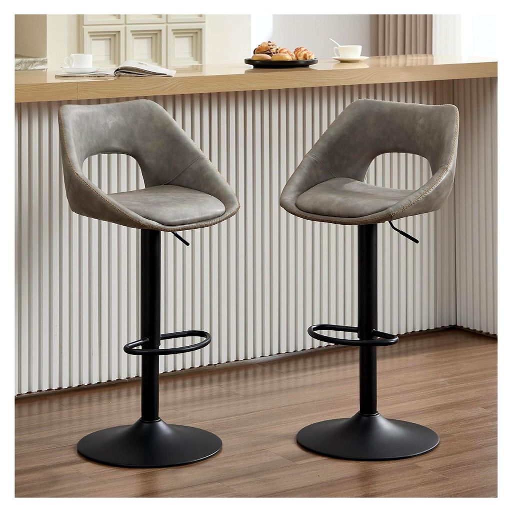 360° drehbarer Barhocker im 2er Set, höhenverstellbar mit Rückenlehne, moderner Barstuhl für Esszimmer, Küche und Bistro, Grau