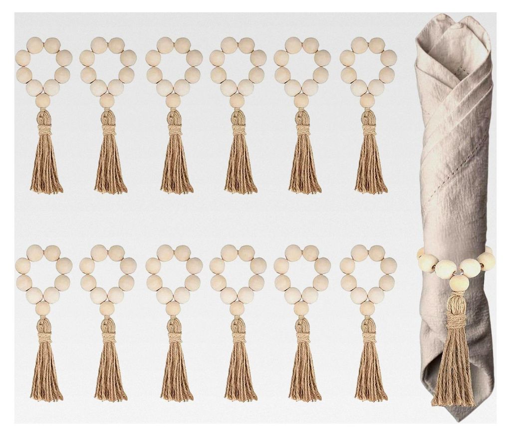 Serviettenringe mit Holzperlen, Boho-Serviettenringhalter, handgefertigt, Bauernhaus-Serviettenringe, Halter mit Quasten für Weihnachten, Hochzeit...
